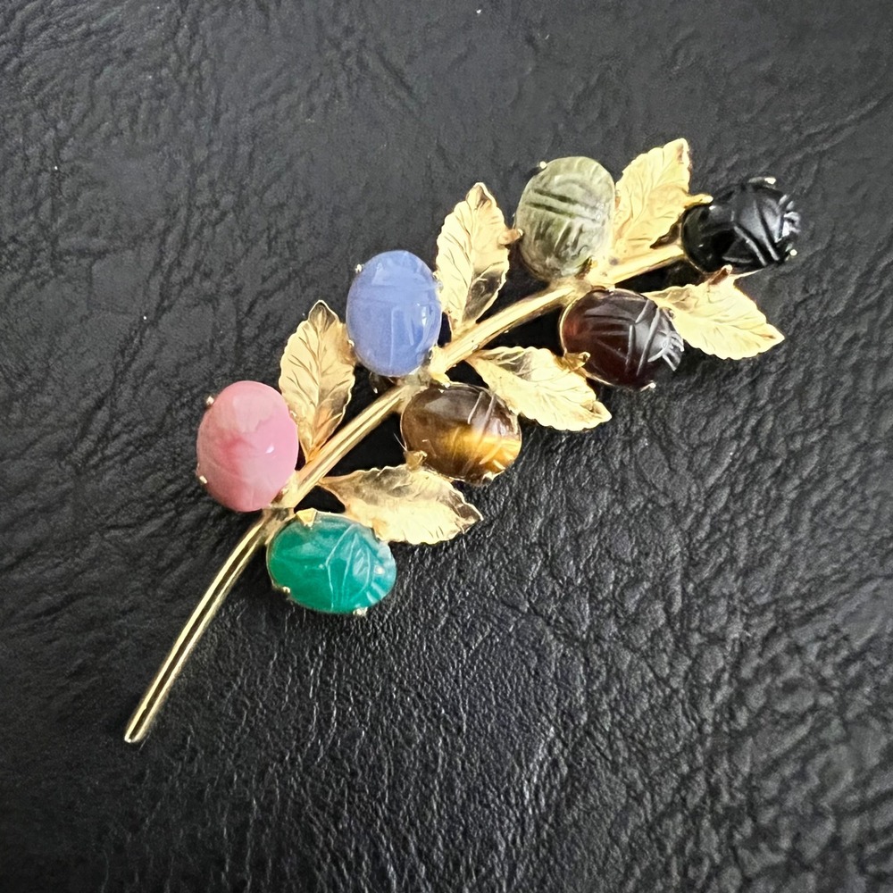 Vintage Multi Gemstone Scarab Beetle Leaf Brooch‎ Gold Tone 2.25" Boho 60s